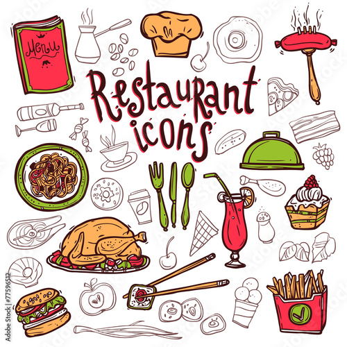 Restaurant icons doodle symbols sketch