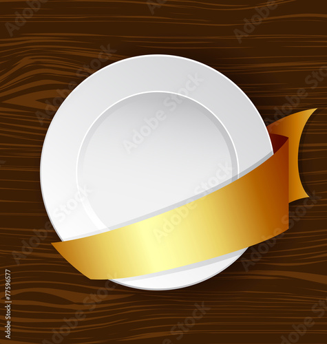 Vector dish with gold ribbon on a wooden surface