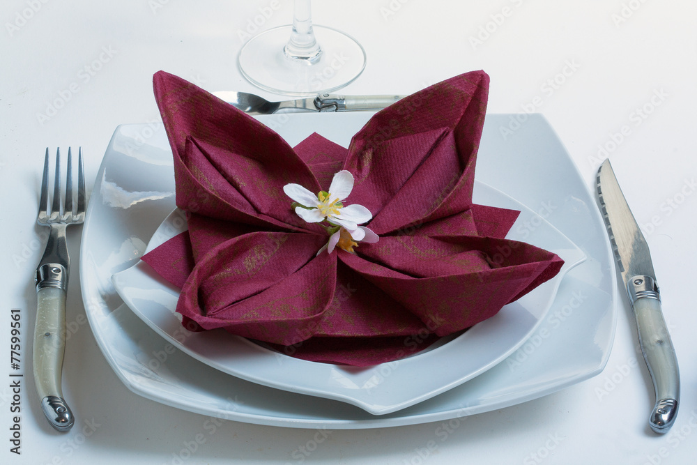 Pliage de serviette en papier en fleur de lotus sur assiette Photos | Adobe  Stock