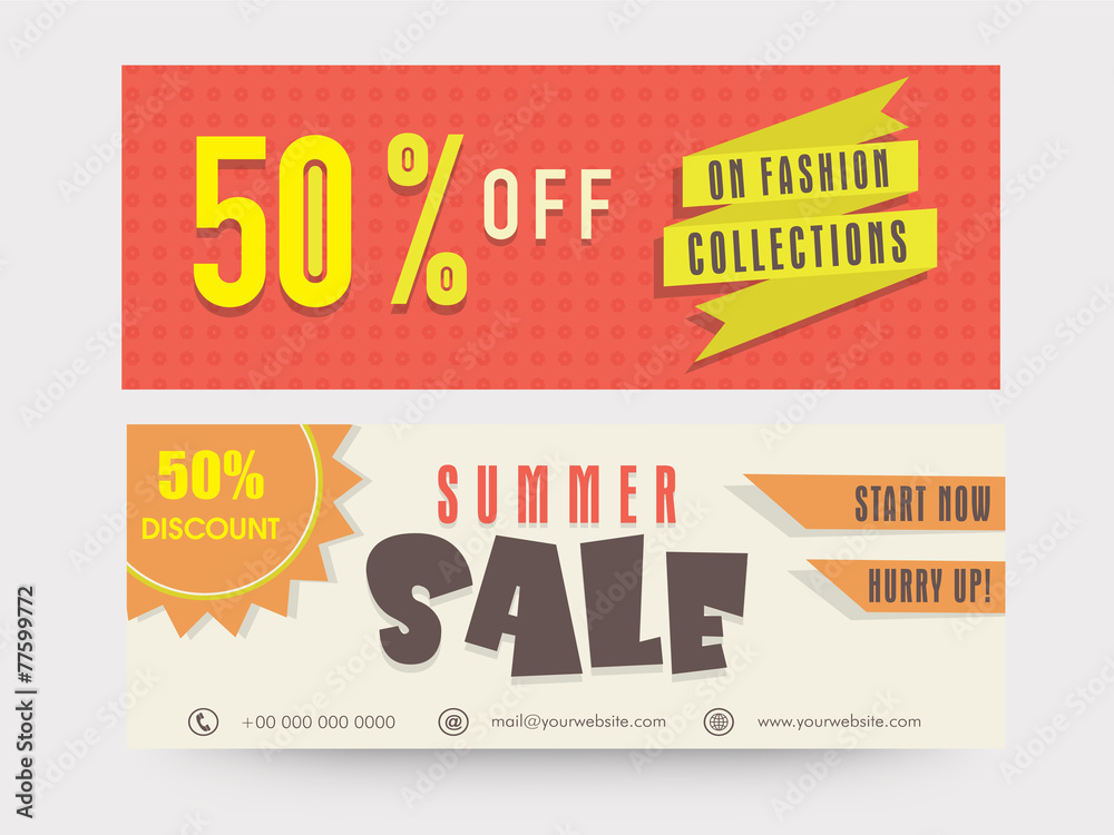 Summer sale website header or banner set with 50% discount.