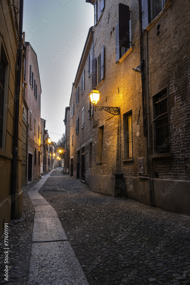 Medieval street in the downtown of Ferrara city