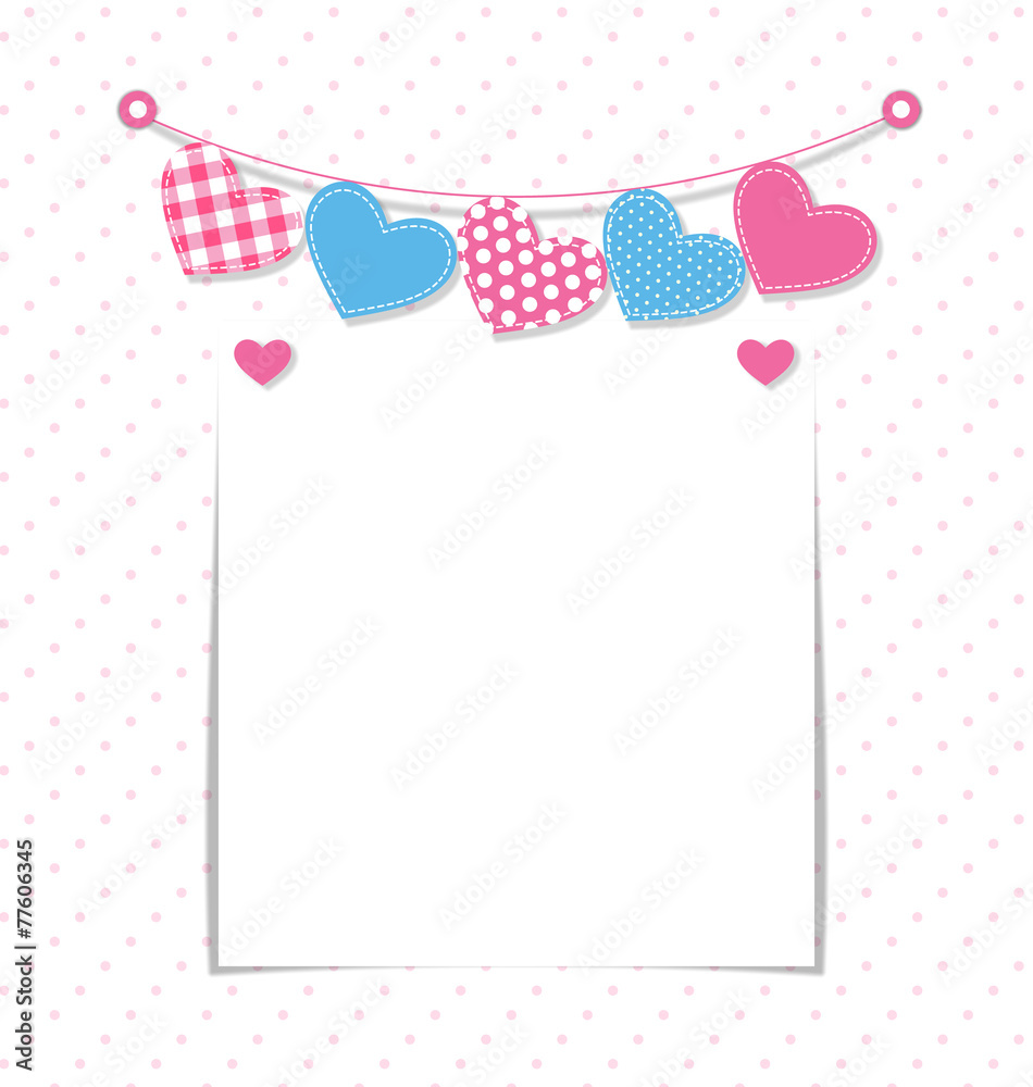 Paper frame with stitched hearts buntings garlands on white back Paper frame with stitched hearts buntings garlands on white back