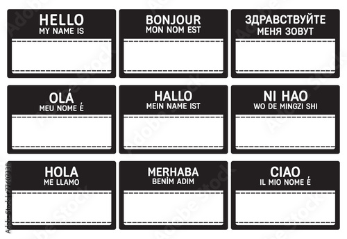 Different languages name tag with copy space.