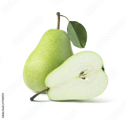Two green pears whole half isolated on white background
