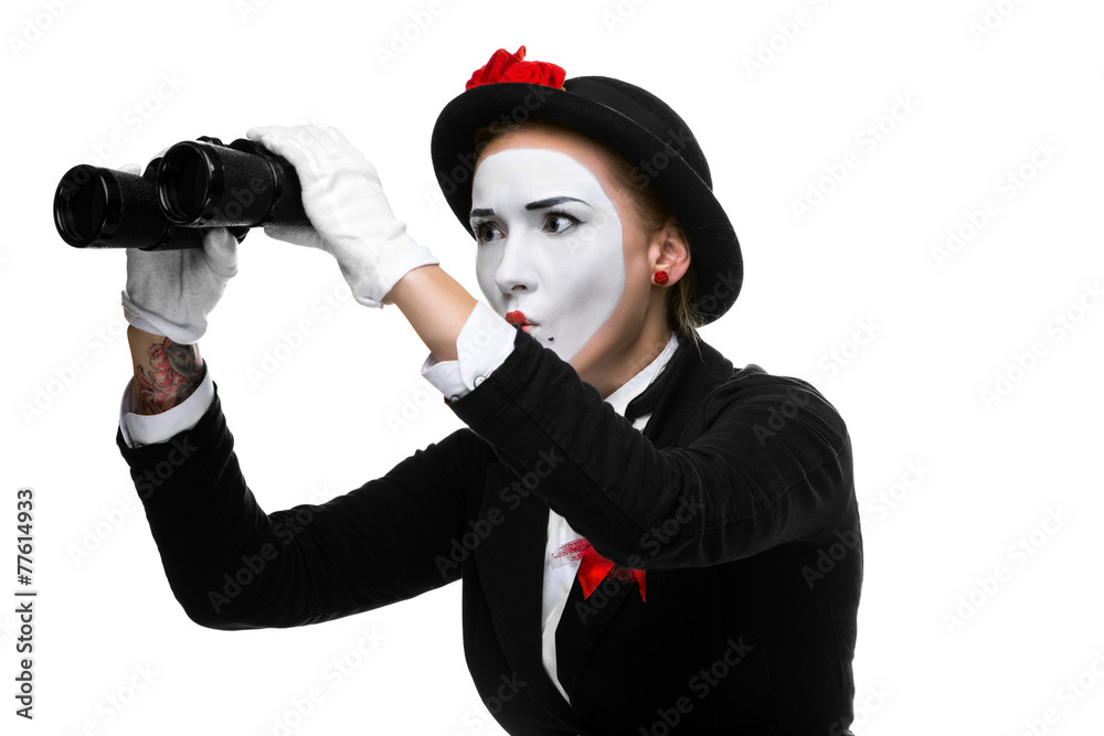 Portrait of the searching mime with binoculars Portrait of the searching mime with binoculars