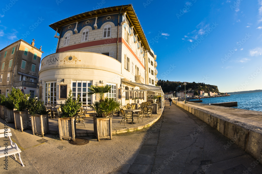 Vintage hotel at harbor of Piran, small coastal town in Istria