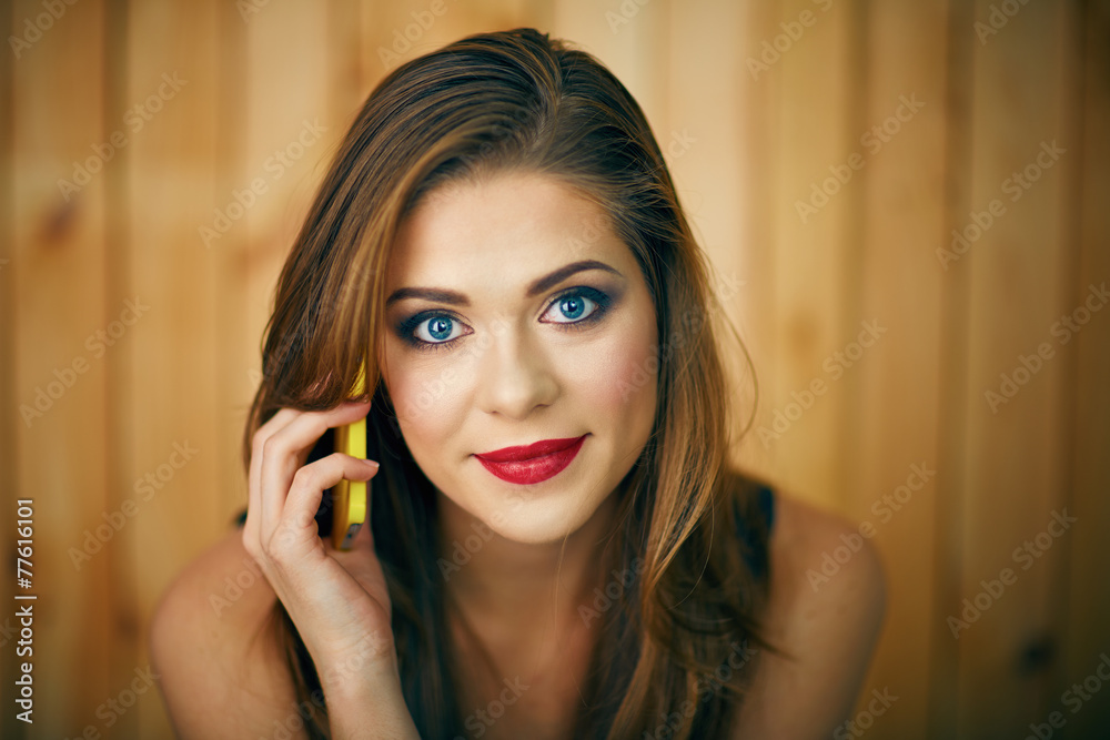 miling woman talkin phone. Beautiful girl face portrait with ev miling woman talkin phone. Beautiful girl face portrait with ev