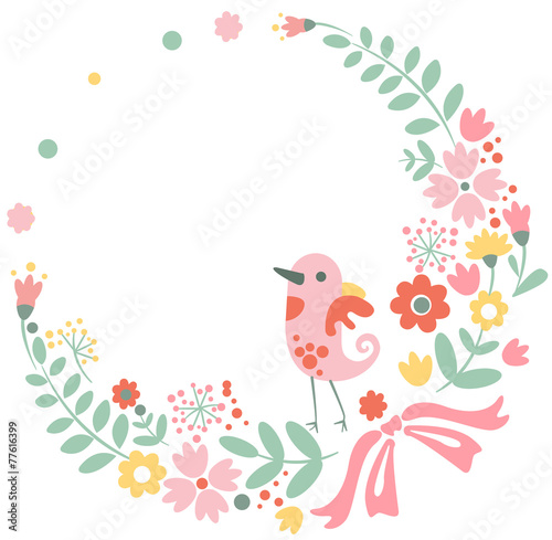 Vintage floral background with cute bird in pastel colors