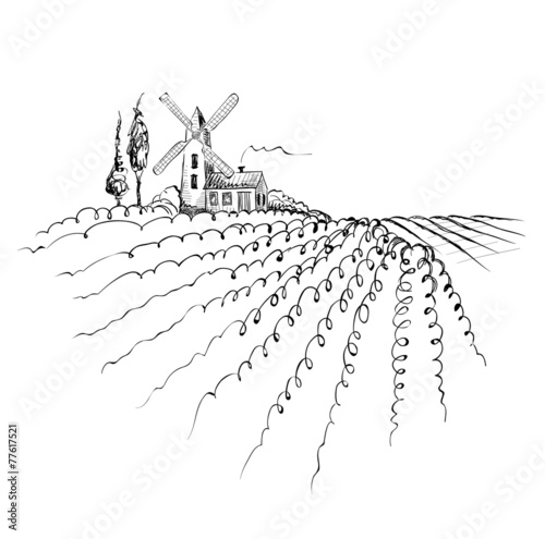 Graphic landscape with mill