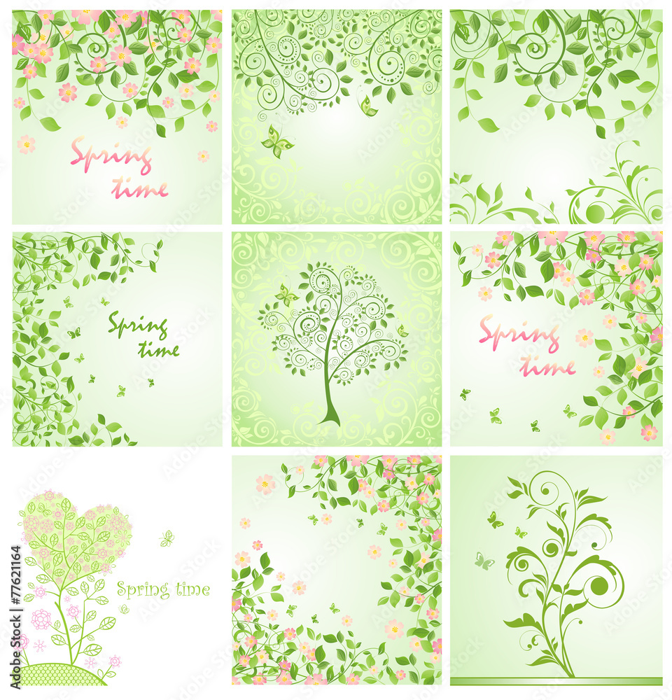 Green spring decorative floral cards