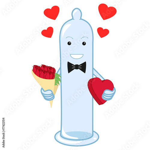 Condom character, love and protection concept