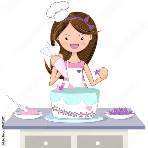 Girl decorating cake, vector illustration, isolated