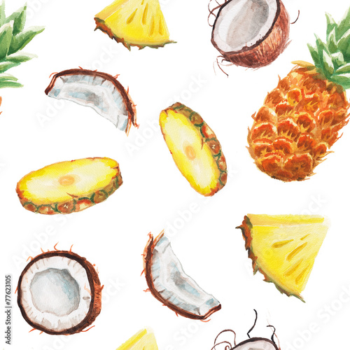 watercolor pineapple and coconut pattern