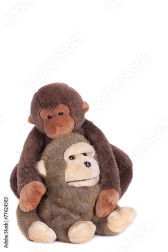 Monkey dolls embracing. Isolated on white.
