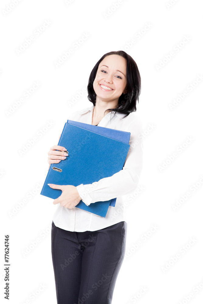 Young office woman with document folders on white background Young office woman with document folders on white background