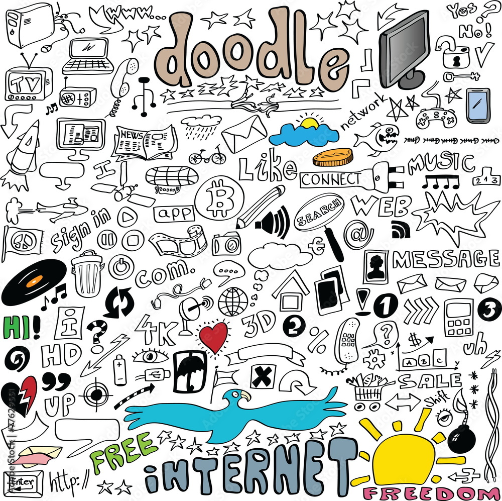 big set Internet communication doodles isolated on white