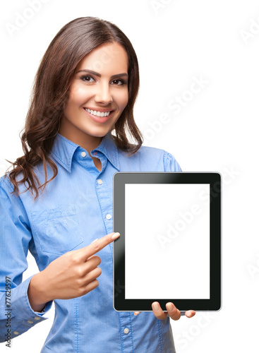 Businesswoman showing blank tablet pc, on white