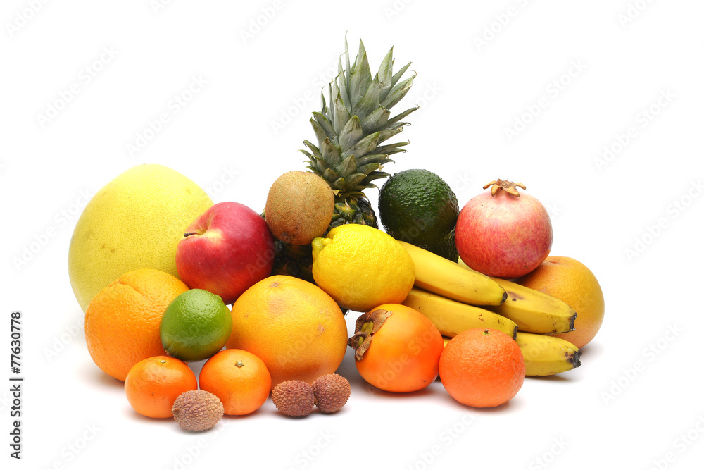 Assortment of exotic fruits isolated on white Assortment of exotic fruits isolated on white