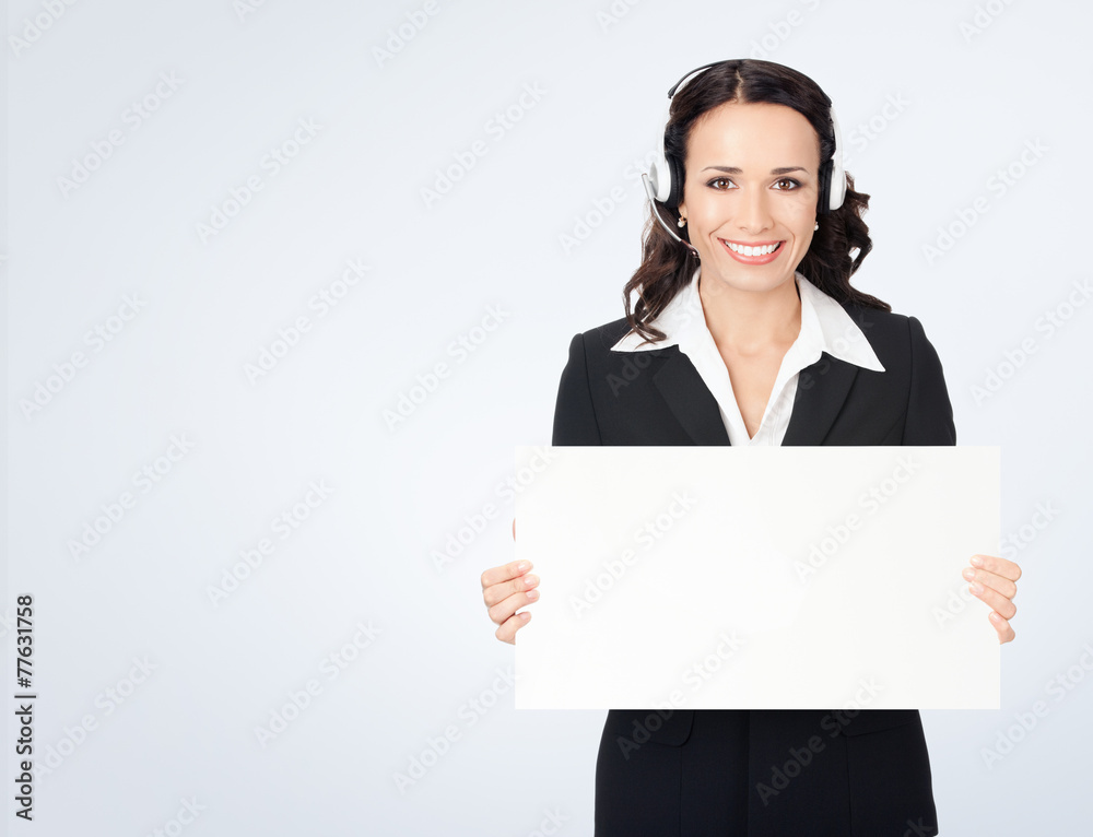 Support phone operator with signboard, on grey Support phone operator with signboard, on grey