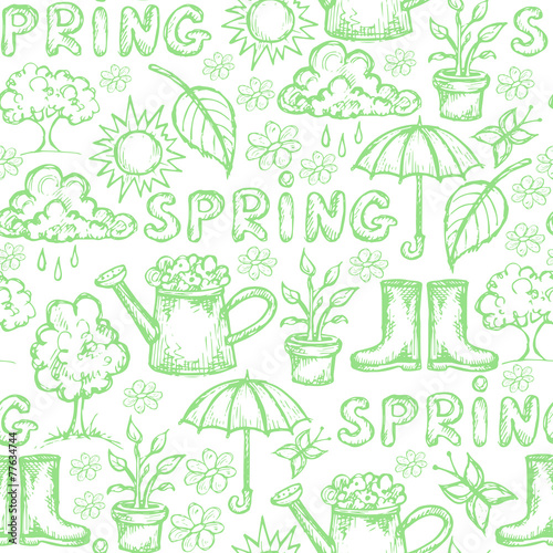 Vector pattern with hand drawn symbols of spring on white color