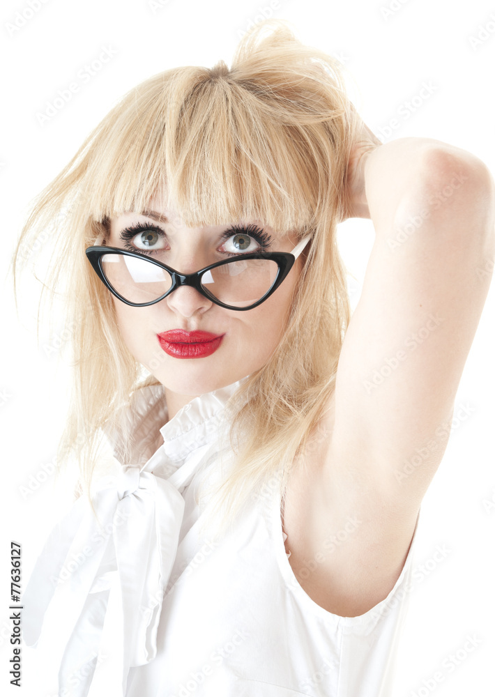 Portrait of  young businesswoman wearing glasses on white backgr