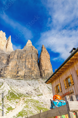 Shelter and climbing gear on the trail around Tre Cime