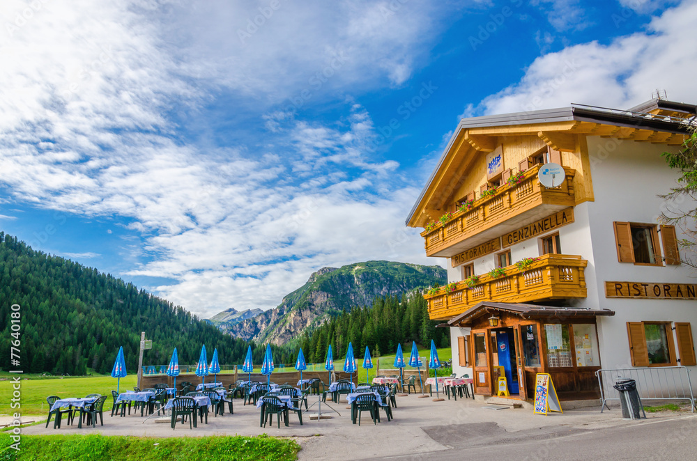 Shelter with exterior restaurant in Misurina, Dolomites, Italy