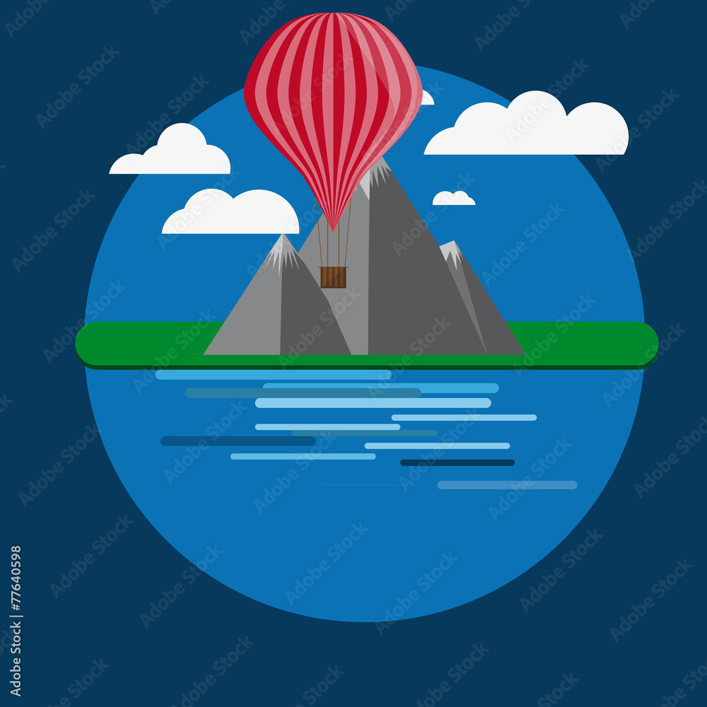 Flat Mountain With Water And Air Baloon