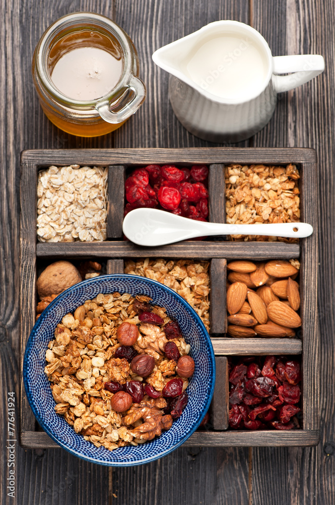 oats, granola muesli, nuts, honey, dried berries and milk. oats, granola muesli, nuts, honey, dried berries and milk.