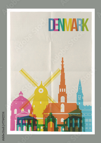 Travel Denmark landmarks skyline vintage poster