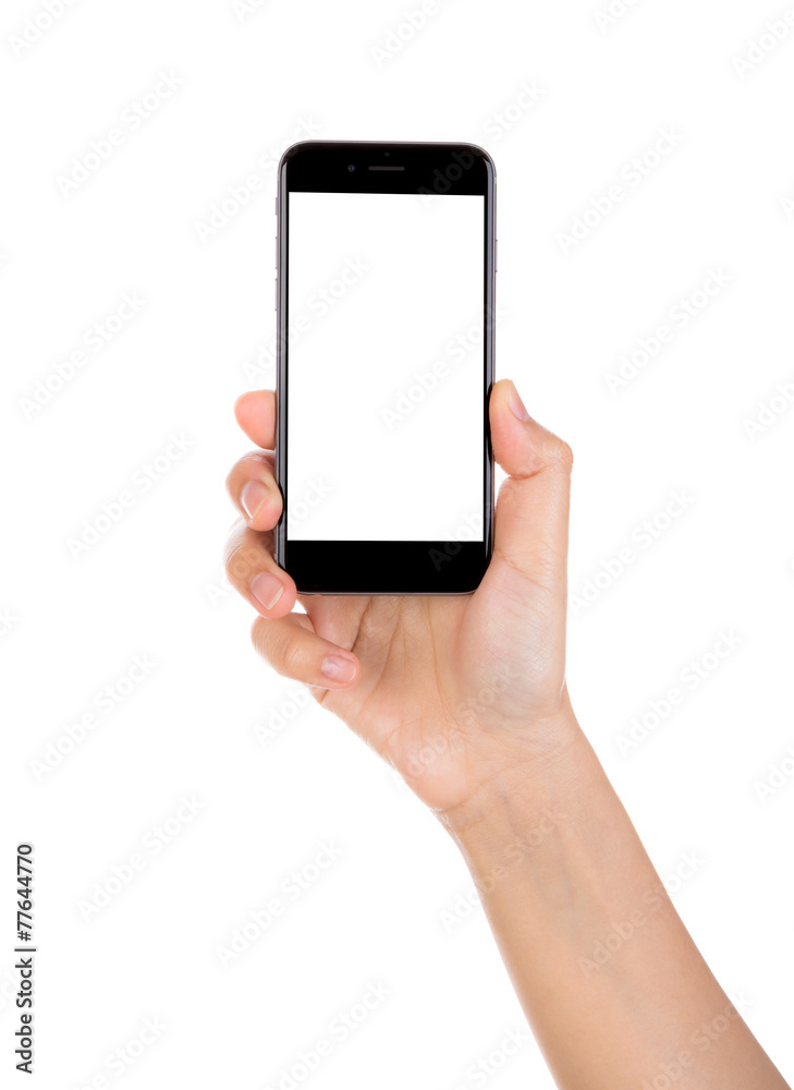 Hand holding mobile smart phone with blank screen Isolated on wh Hand holding mobile smart phone with blank screen Isolated on wh