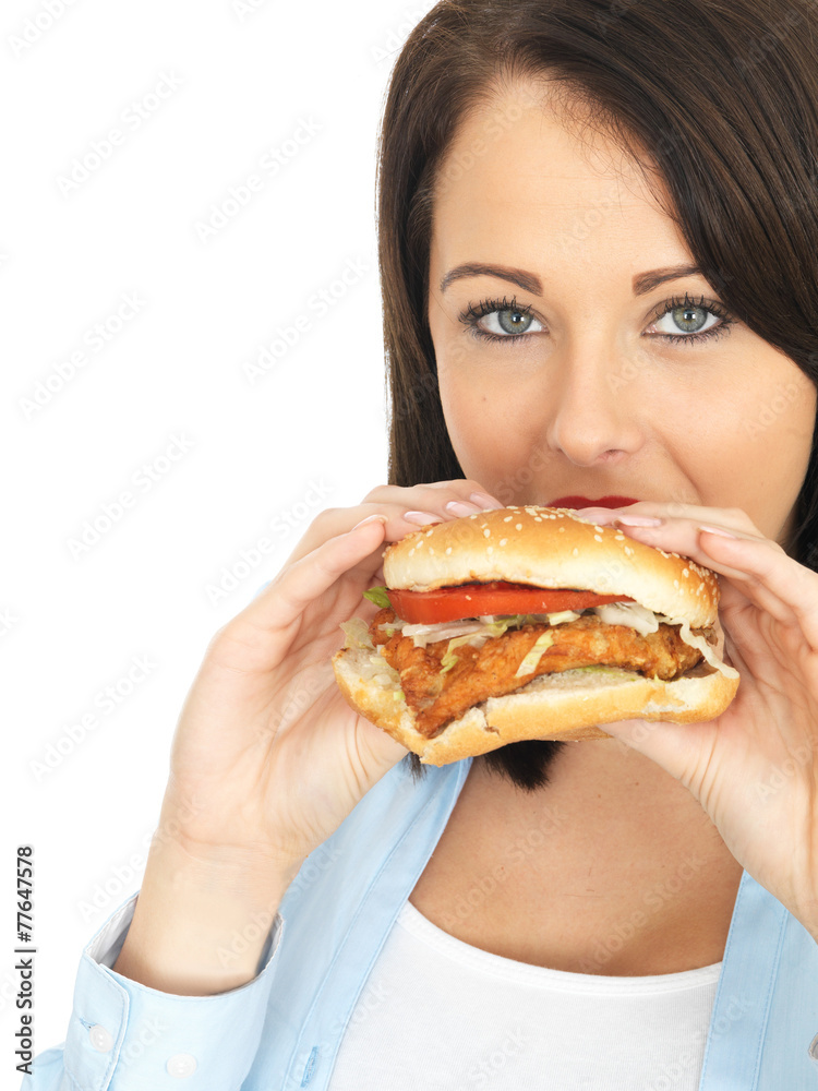 Young Woman Eating a Chicken Burger