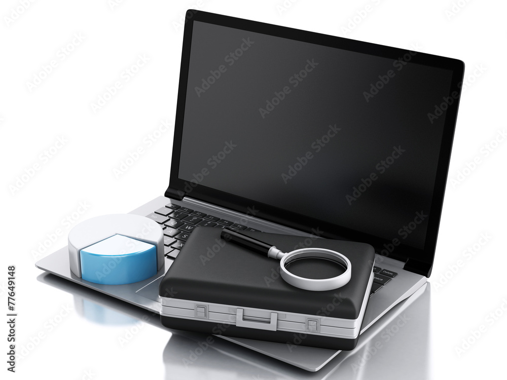3d Briefcase, statistic graph and laptop pc. Business office con 3d Briefcase, statistic graph and laptop pc. Business office con
