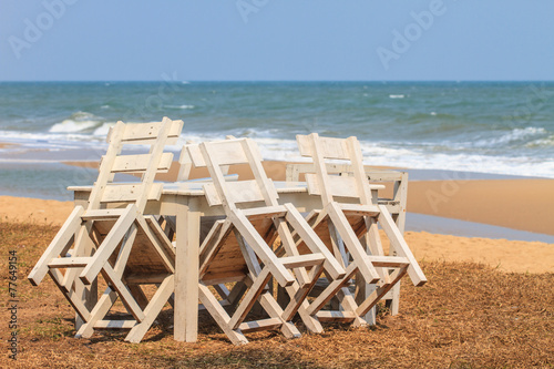 Photography wood bench with sea background