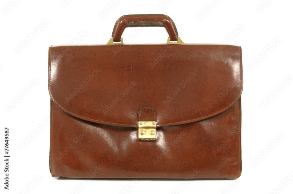 Old leather briefcase isolated white background photo Old leather briefcase isolated white background photo