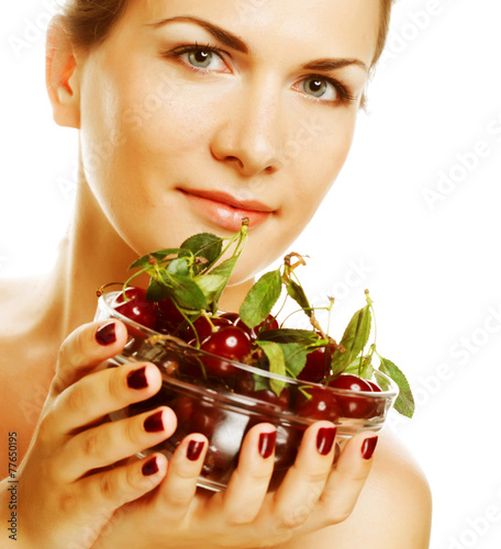 woman with cherries over white photo