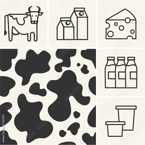 Web icons Dairy milk and cow skin seamless pattern.