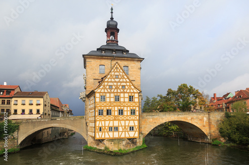 Obere bridge and Altes Rathaus and cloudy sky in Bamberg, German
