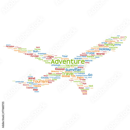 Vector conceptual travel or tourism plane word cloud