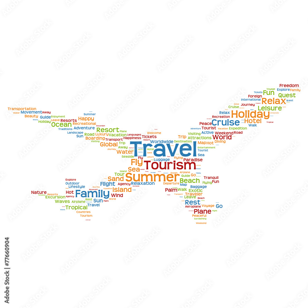 Fototapeta premium Conceptual travel or tourism plane word cloud
