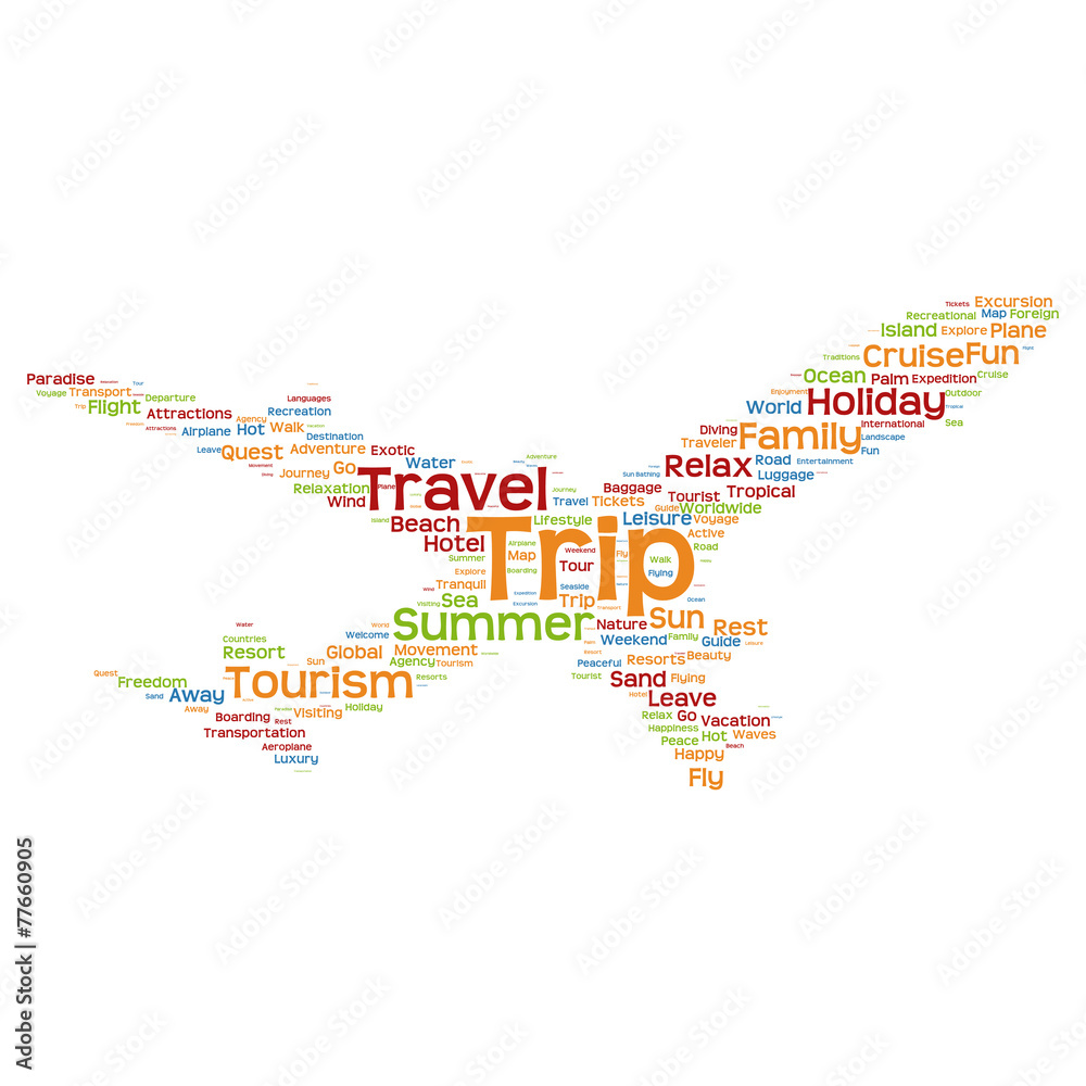 Conceptual travel or tourism plane word cloud