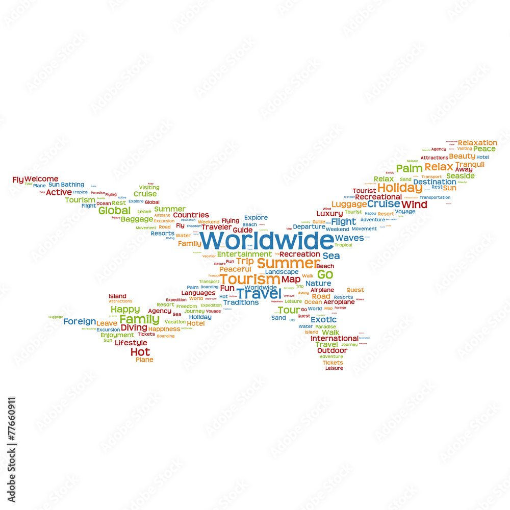 Fototapeta premium Conceptual travel or tourism plane word cloud