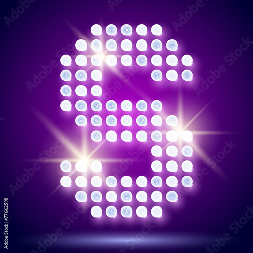 Vintage bulb lamp font of 80s disco with stars. Letter S