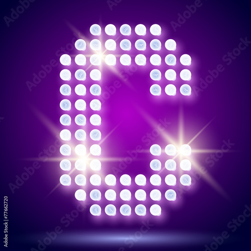 Vintage bulb lamp font of 80s disco with stars. Letter C