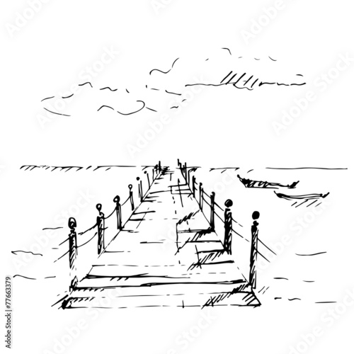 Wooden pier at sea with cloudscape. Sketch.