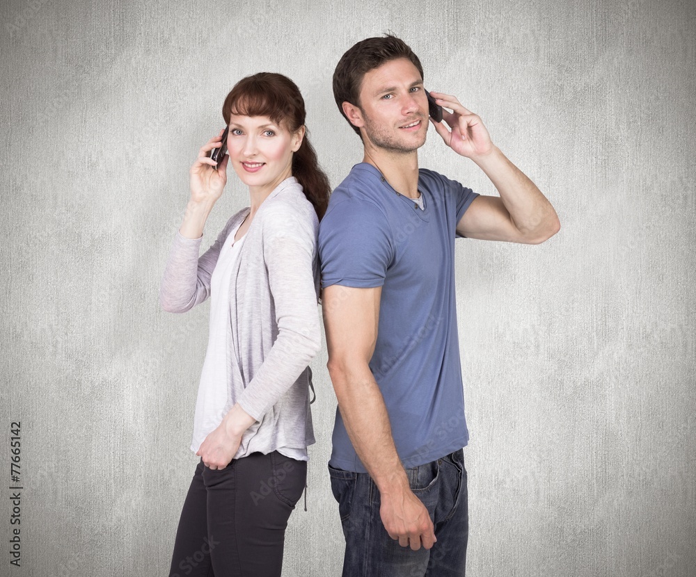 Composite image of couple both making phone calls Composite image of couple both making phone calls