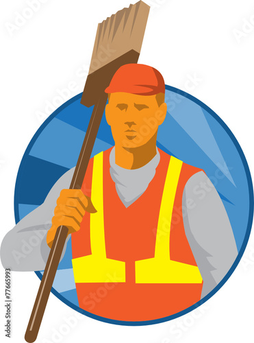 Janitor Cleaner Sweeper with Broom Retro