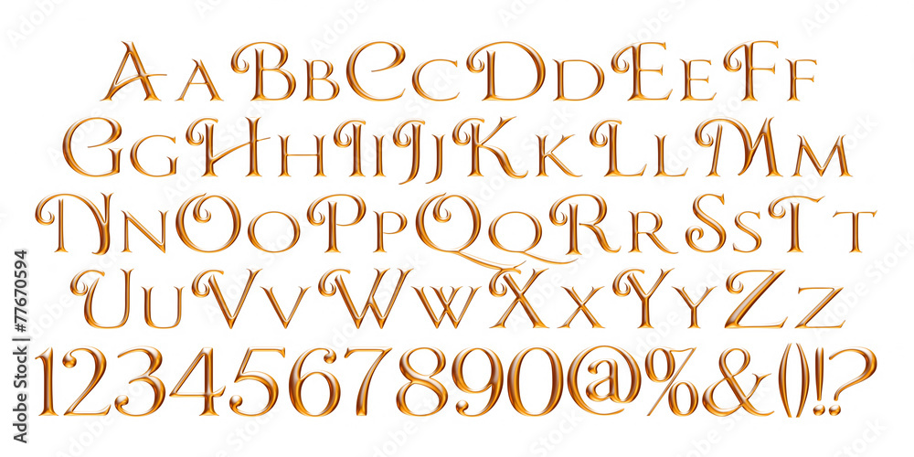 3D gold alphabet letters and digits on white background