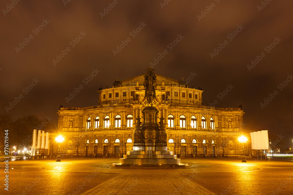 Monument of King Johann and Dresden Opera Theatre at night