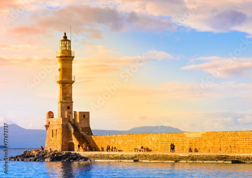 Crete island, Chania, Greece.Port of Chania and lighthouse. photo